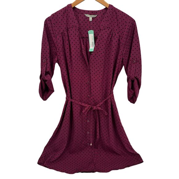 41 Hawthorn Dress Womens Medium Burgundy Clip Dot Roll Tab Sleeves Belted V-Neck - Picture 1 of 10